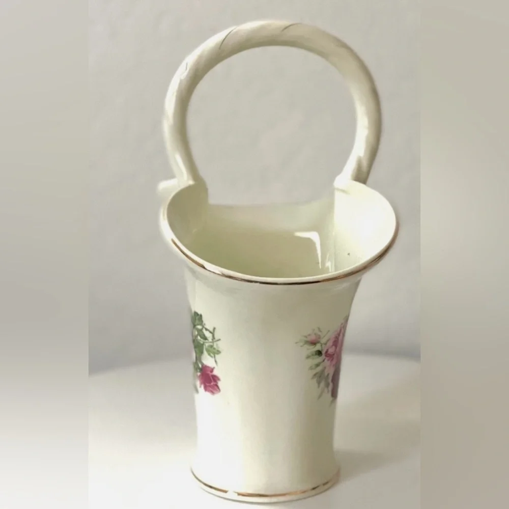 Formalities by Baum Bros Vintage Ceramic Floral Rose Basket Vase Trimmed in Gold